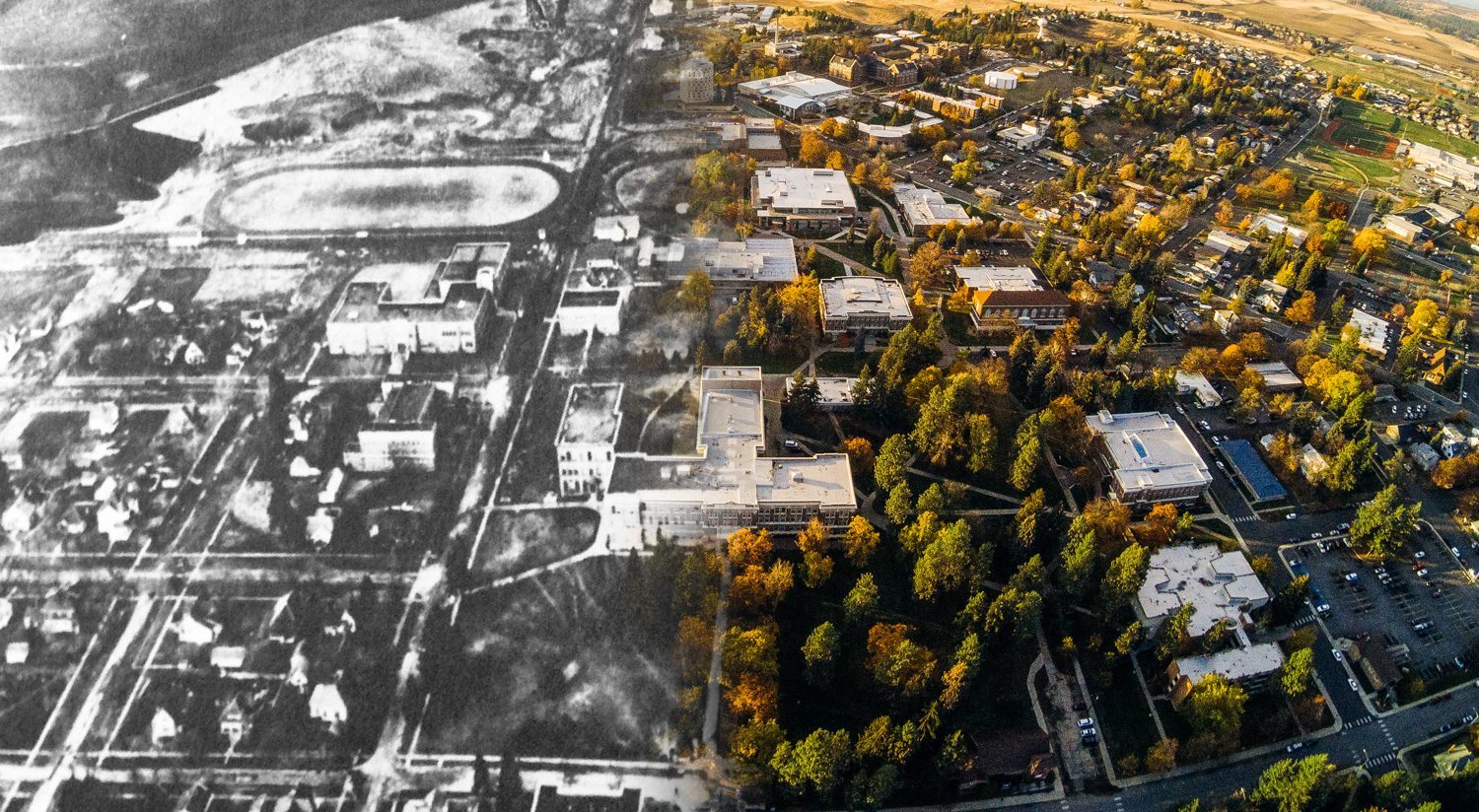 Aerial shot of campus, half black and white original and half new.