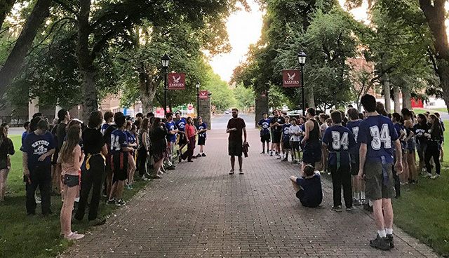 Photo: Tour guide speaking to students in front of the Herculean Pillars