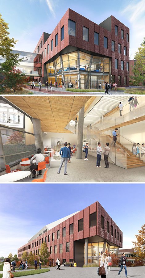 Three photo renderings: EWU Interdisciplinary Science Center interior and exterior