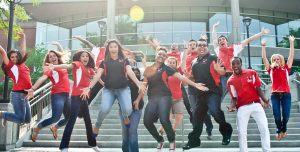Photo: EWU Students celebrating in front of JFK Library