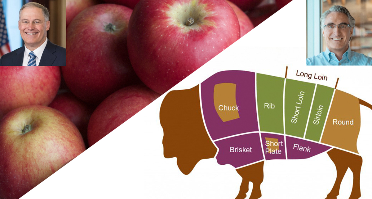 Graphic representing WA and ND governors betting apples and bison steaks