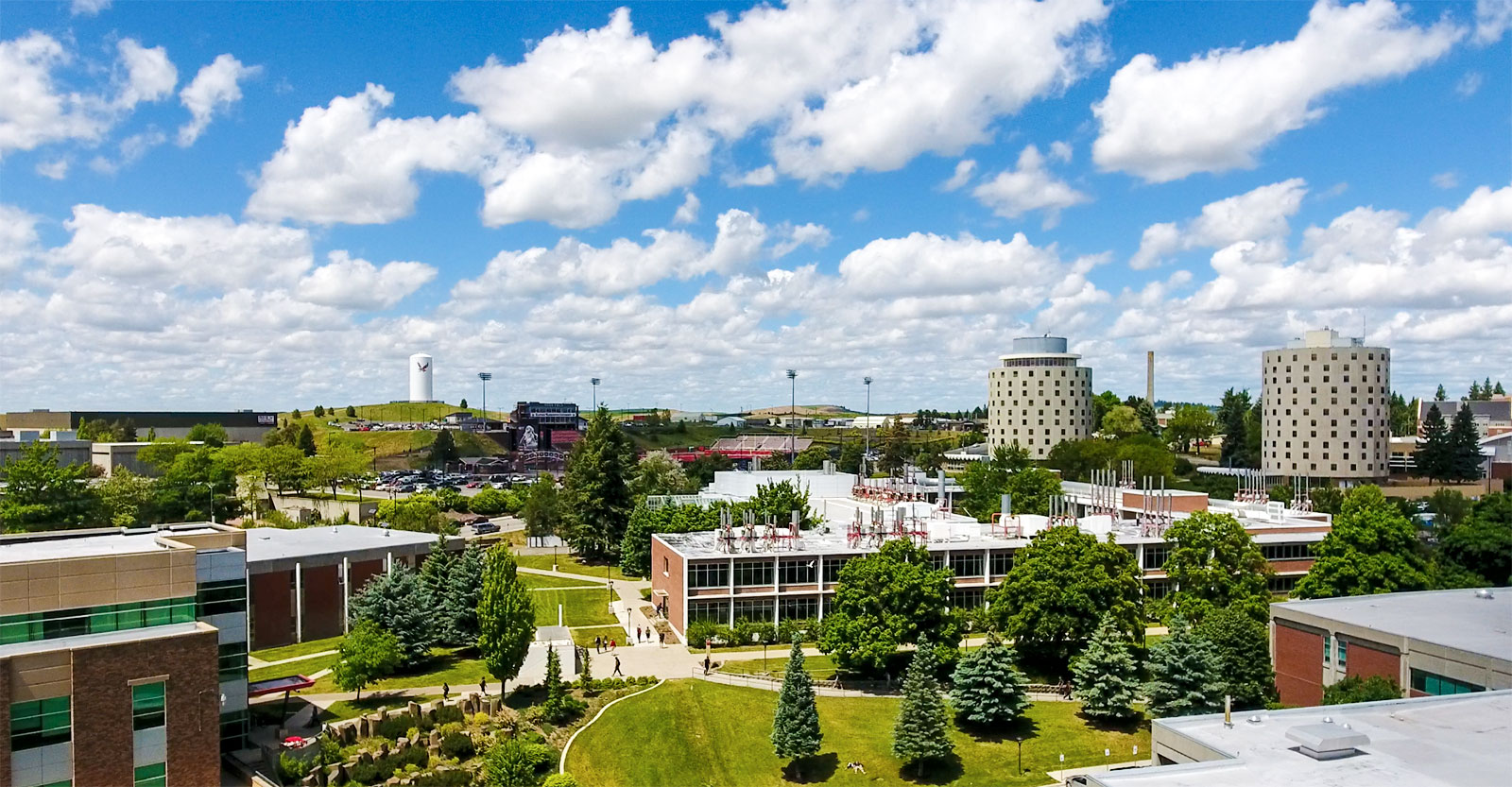 Aerial view of Cheney campus on a sunny day